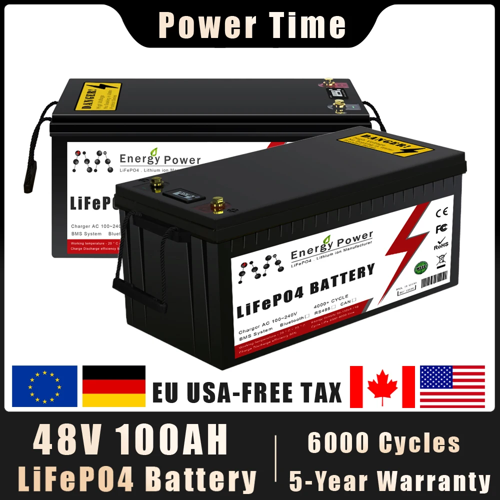 

48 В LiFePO4 Аккумулятор 50 Ач 100 Ач Встроенный BMS 6000+ циклов Литий-железо-фосфатный аккумулятор для гольф-кара на колесах Солнечное хранилище Открытый кемпинг