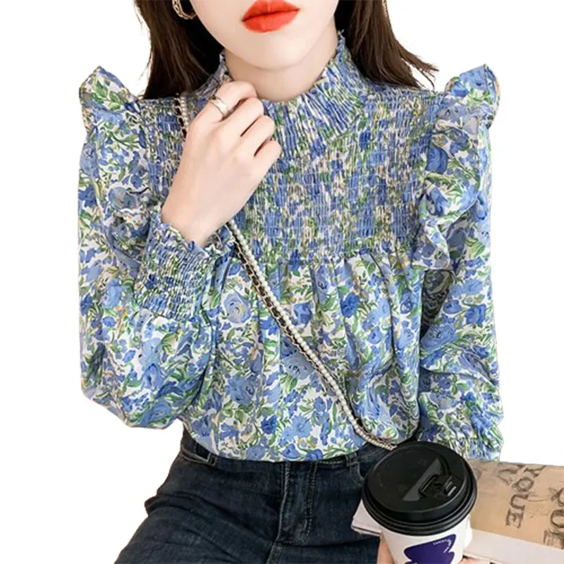 Elegant Fashion Harajuku Slim Fit Blouse Stand Collar Patchwork Printed Long Sleeve Tops Women Casual All Match Female Clothes