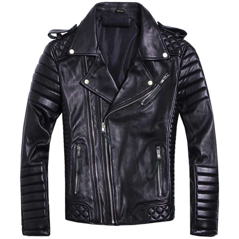 

New top layer sheep leather coat Men Slim fit short youth motorcycle leather jacket cotton insulation Lingge coat