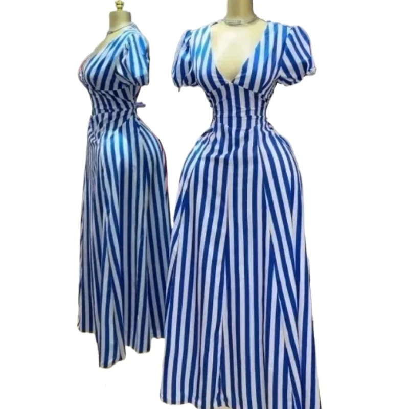 Striped printed V-neck sexy fashion cross-border supply slim pendulum bubble sleeve long dress