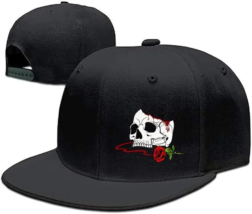 Horror Skull Rose Flat Bill Hats for Men Snapback Skull Hats Black Hat for Teen Boys Skateboard Hats Baseball Cap