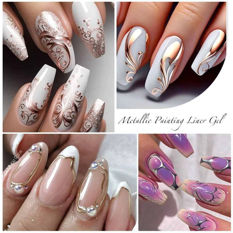 MEET ACROSS 5ml Silver Gold Metallic Painting Liner Gel Nail Polish French Style Mirror UV Semi Permanent Gel Nails Art Manicure