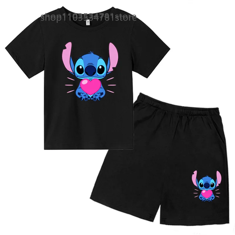 Summer Cute Stitch Children's boy Two-piece T-shirt set Round Neck Casual Short Sleeve Girl Short sleeve shorts