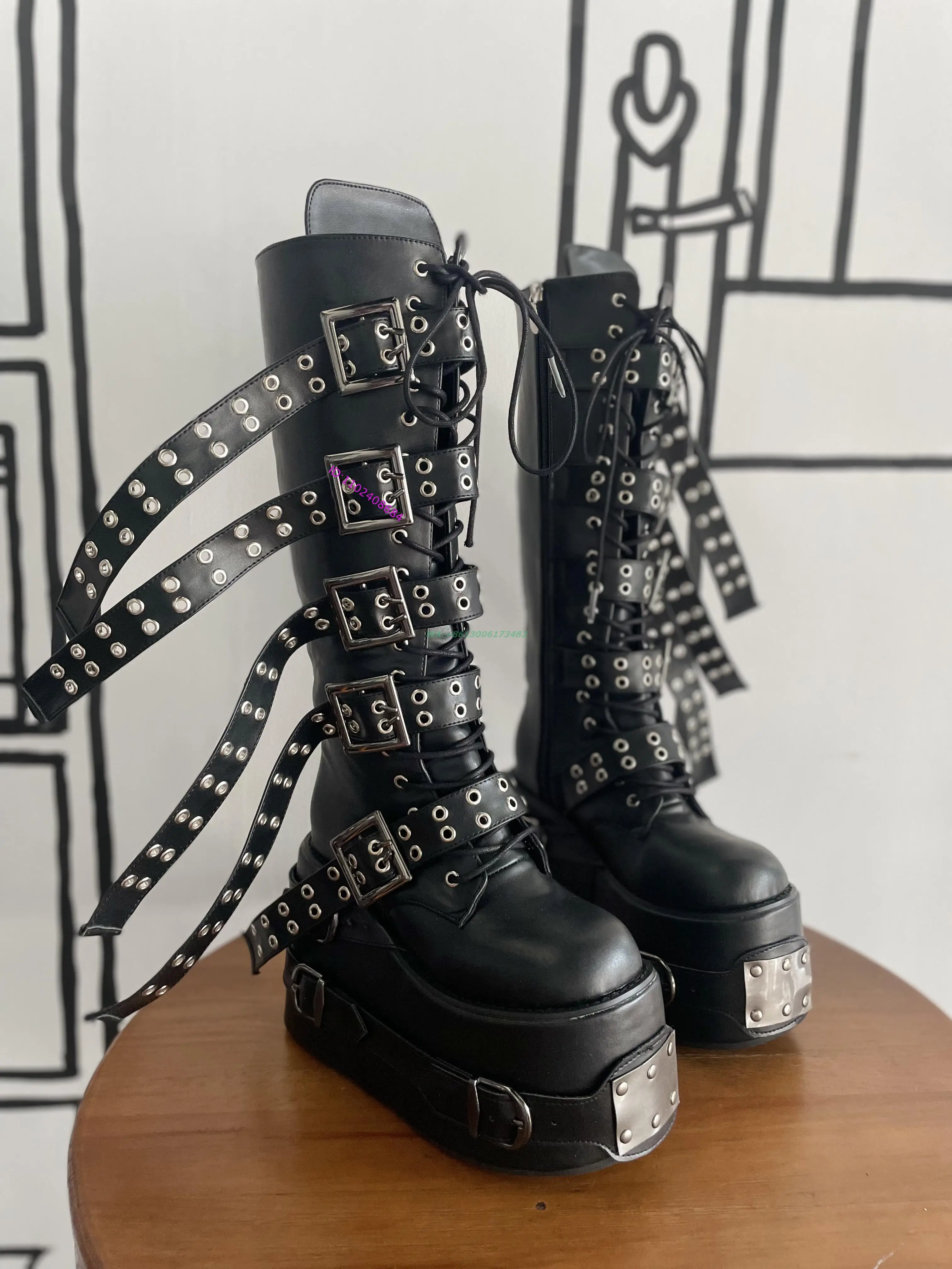 Real Photo Handmade Women Black Punk Thick-Soled Long Boots High Platform Belts Straps Metal Rivets Knee High Boots Plus Size