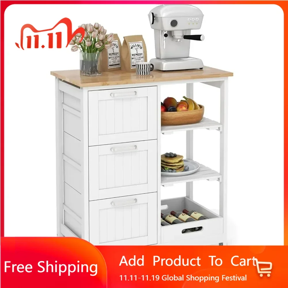 Kitchen Island Cart on Wheels w/Storage,2 Removable Shelves & Removable Tray, 3 Drawers, Lockable Casters, Rolling Kitchen Table