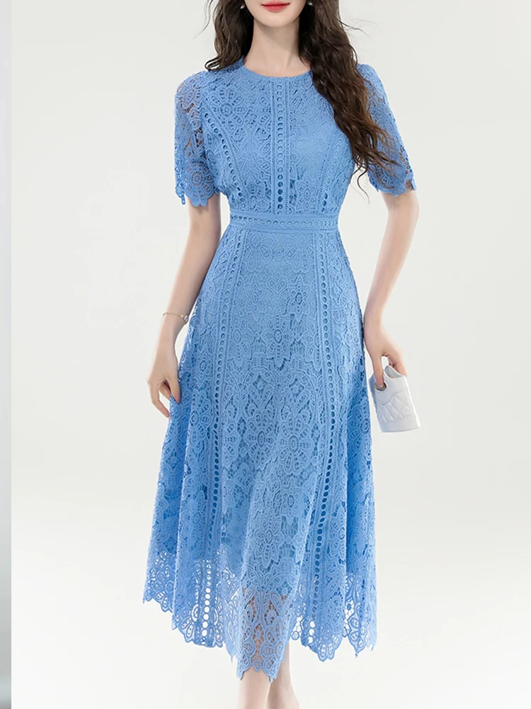 

Elegant Hollow Lace Round Neck Short Sleeved Slim Fit Dress 2025 New Fashionable Women'S Clothing