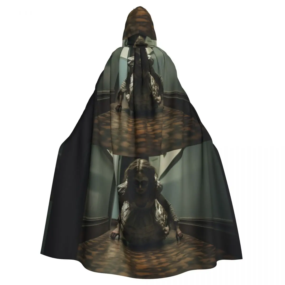 

Chilling Cloak Featuring Crawling Girl Design for Halloween Unisex Adult Cloak with Hood Long Witch Costume Cosplay