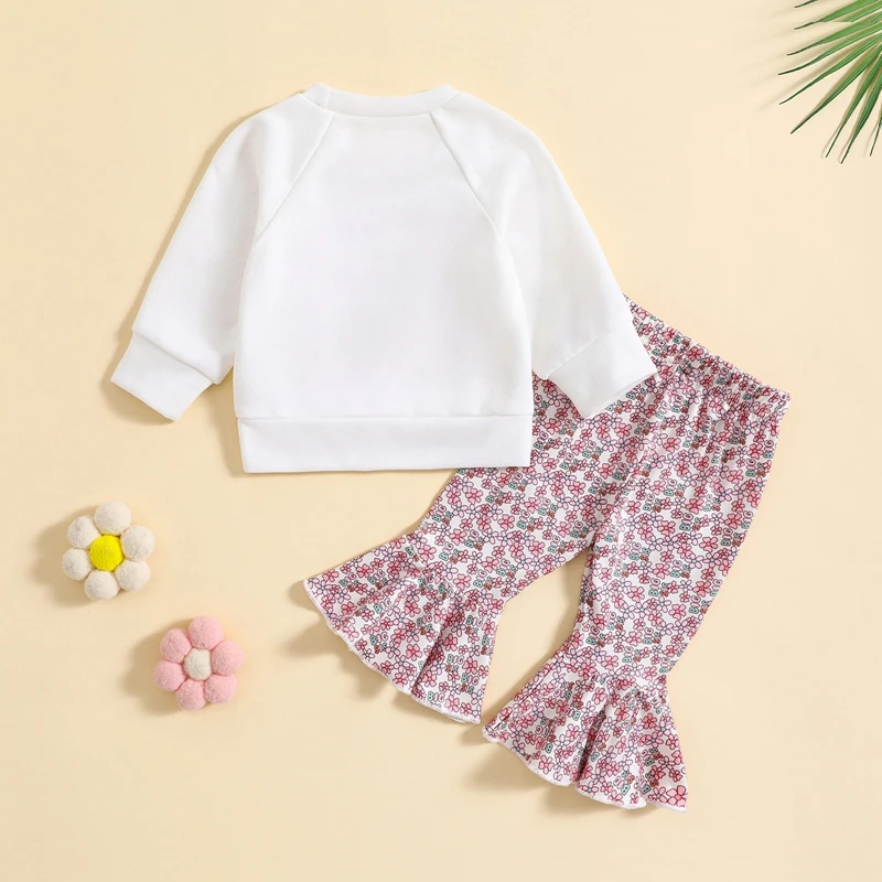 Sister Matching Toddler Girls Outfits Letter Print Long Sleeve Sweatshirts Floral Print Flare Pants 2Pcs Fall Clothes Set