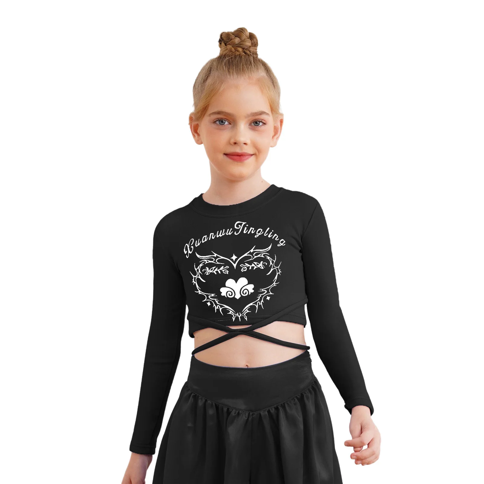 

Kids Girls T-shirt Hip-Hop Jazz Dance Top Lace-up Letter Heart Printed Crop Top Round Neck Long Sleeve Pullover Tops Streetwear