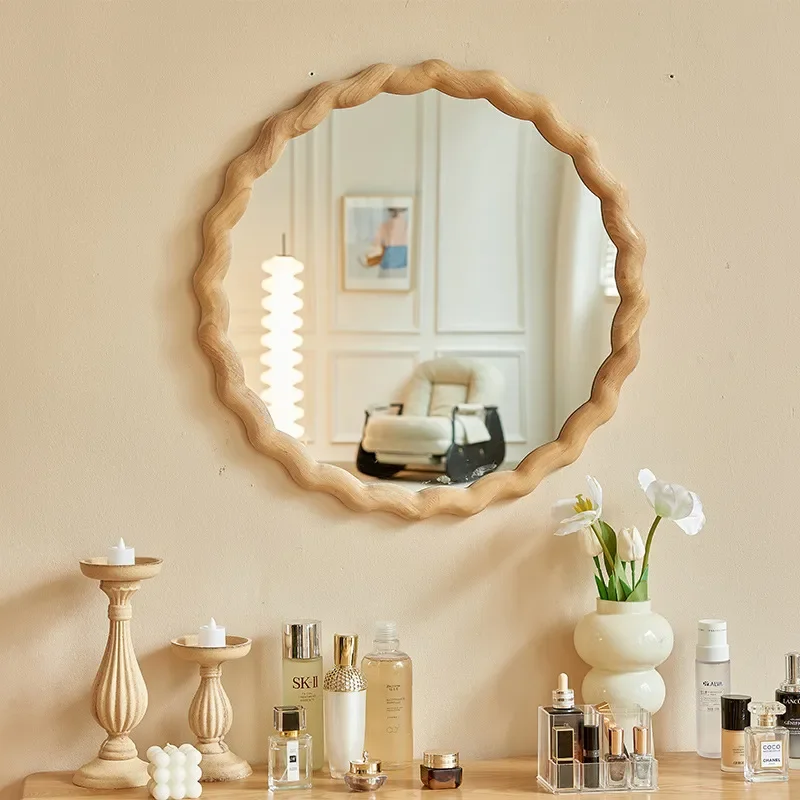 for Wave Wooden Makeup Mirror Irregular Modern Wall Hanging Vanity Mirror for Bedroom Dresser Bathroom Living Room Decor