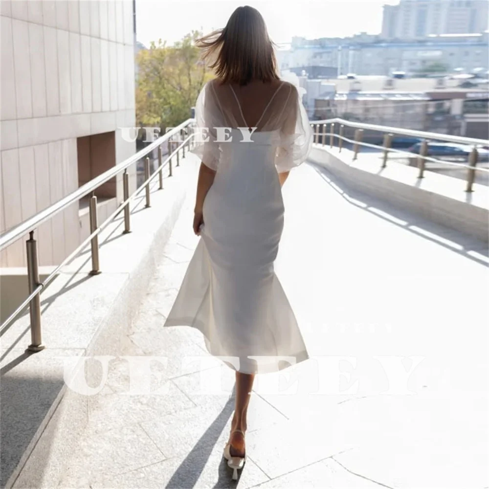 UETEEY Customized V Neck Puff Sleeves Crepe Flower Sheath Wedding Dress Women Open Back High Slit Illusion Mid-Calf Bridal Gown