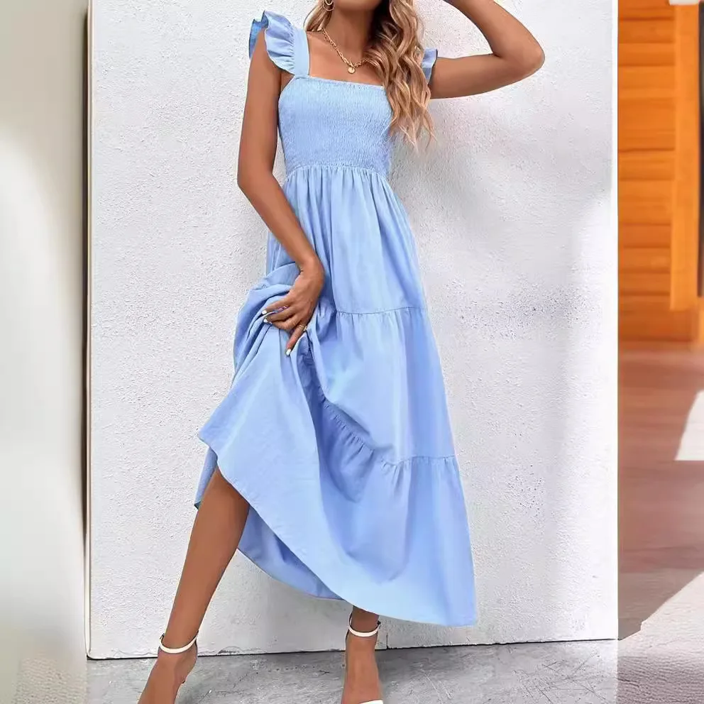 summer spaghetti cupcake dress women fashion flying sleeve pure color croset long dress casual flods high waist maxi vestidos