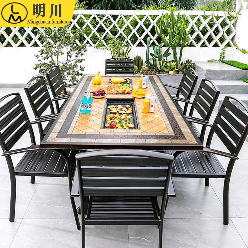 

Садовый стол, терраса, бытовой гриль-барбекю, литой алюминиевый двор, уличная вилла, стулья для отдыха, уличный стол для барбекю и стул для столовой