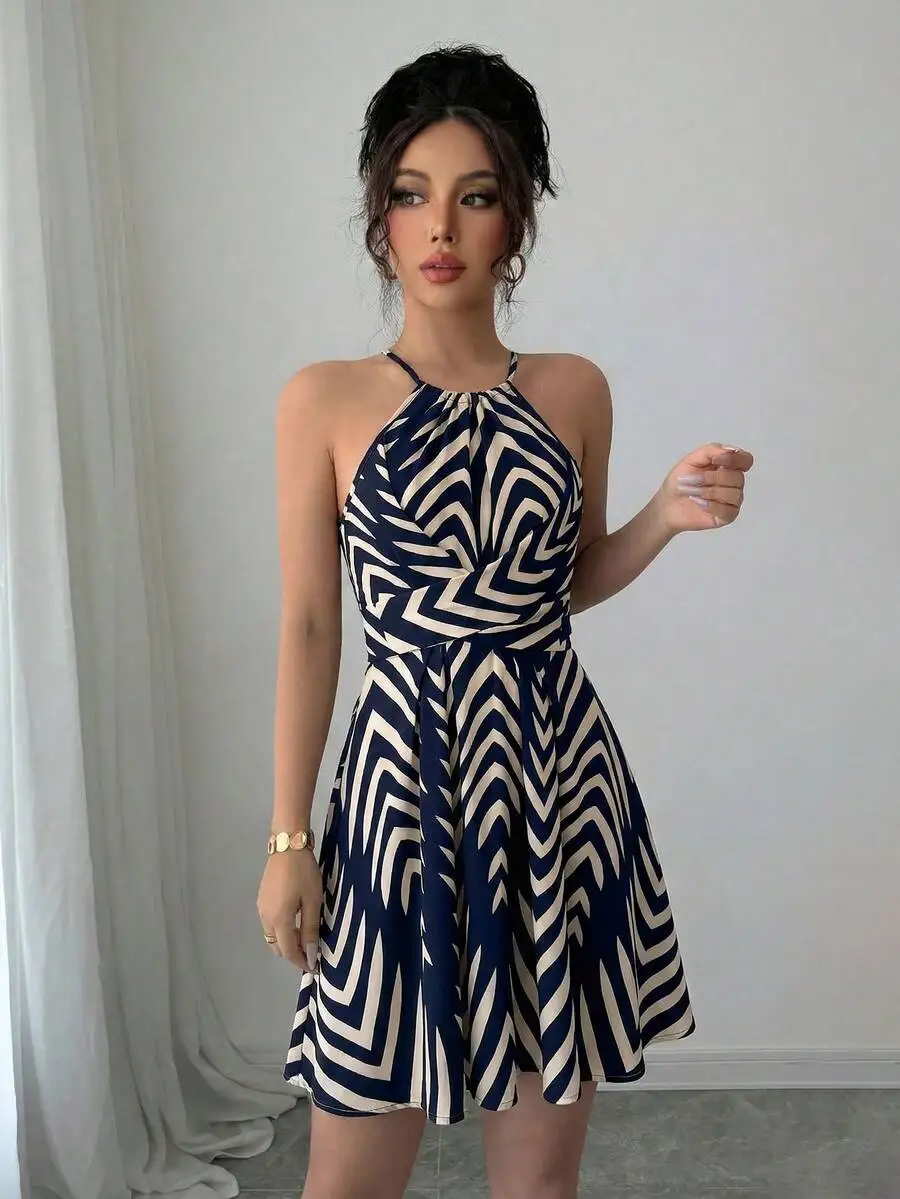 

Blue Geometric Print Halter Tie Waist Flared Short Dress For Women