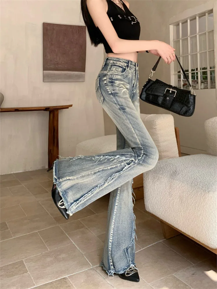 Fashion Raw Edge Splicing Jeans Woman Plus Size American Retro Hottie Slim Floor Mopping Casual Bell Bottoms High Waisted Jeans