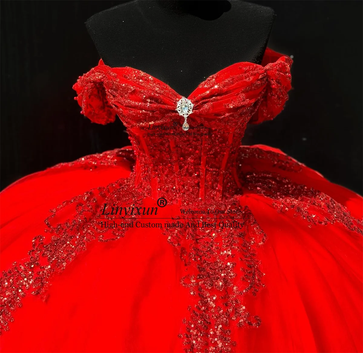 Red Ball Gown Quinceanera Dress Sparkly Lace Applique Sequins Birthday Sweet 16 Gown Princess Mexican Vestidos De 15 XV Años