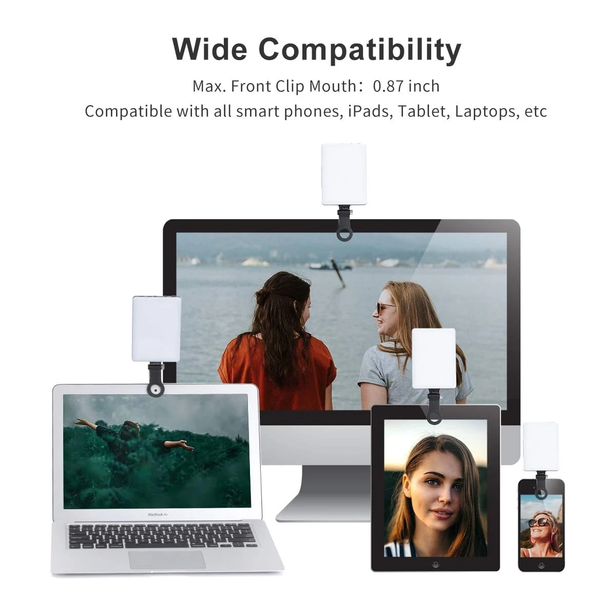 60 LED High Power Rechargeable Clip Fill Video Conference Light with Front & Back Clip, Adjusted 3 Light Modes for Phone, iPhone