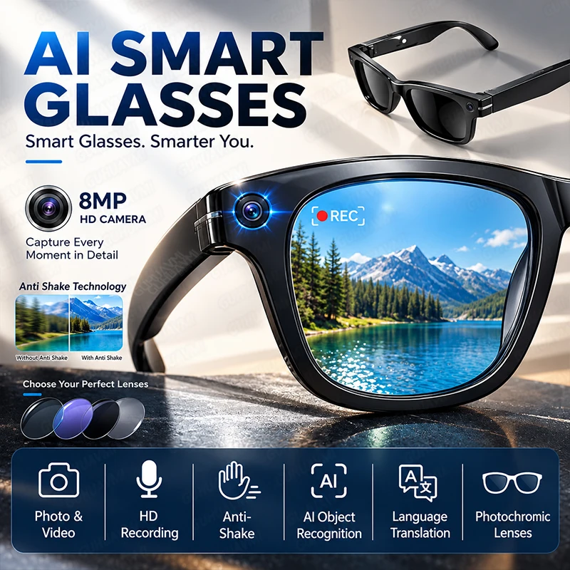 Lunettes intelligentes 4K avec technologie anti-tremblement, caméra 800W, photos, traduction AI, musique, appels BT, changement de couleur, lunettes intelligentes pour femmes et hommes