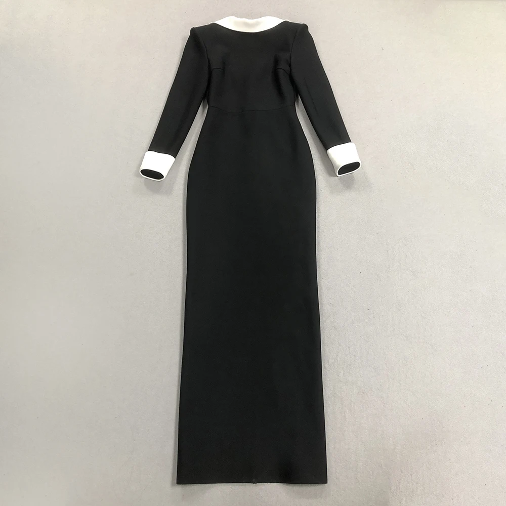 2025 Autumn/Winter New Fashionable Black Collar White Collar Fake Two piece Casual Long sleeved Dress from Europe and America