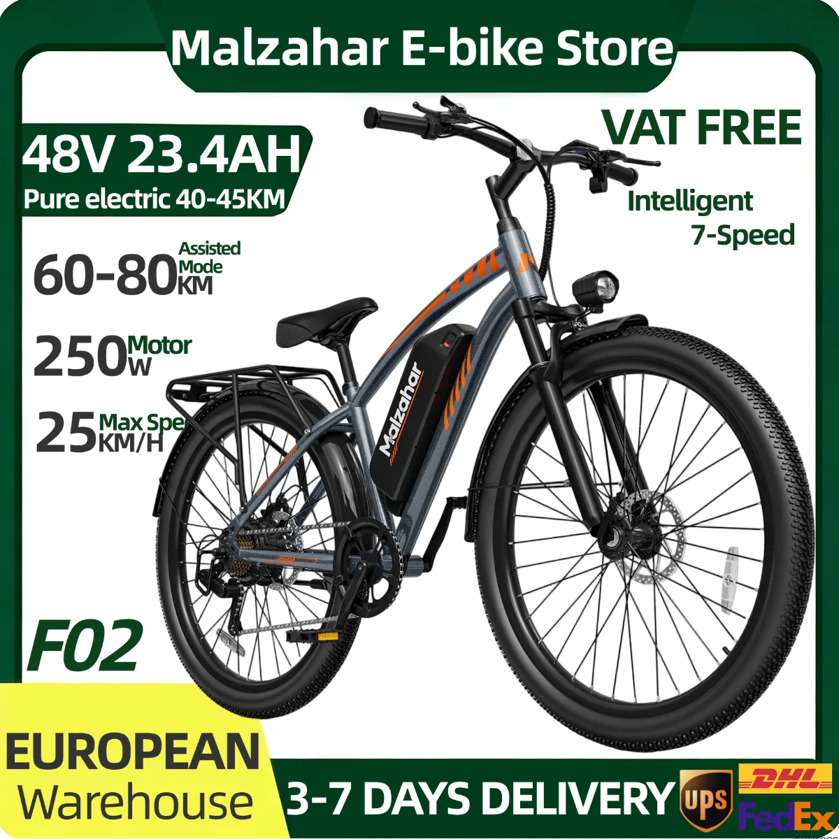 Vélo électrique Malzahar F02 48V 23.4Ah pour adulte, pneus 29"×2.3, 7 vitesses, autonomie électrique pure 40-45Km, moteur 250W, batterie lithium amovible, suspension avant et arrière, freins à disque hydrauliques, vélo électrique multi-usages pour montagne, route, ville, plage