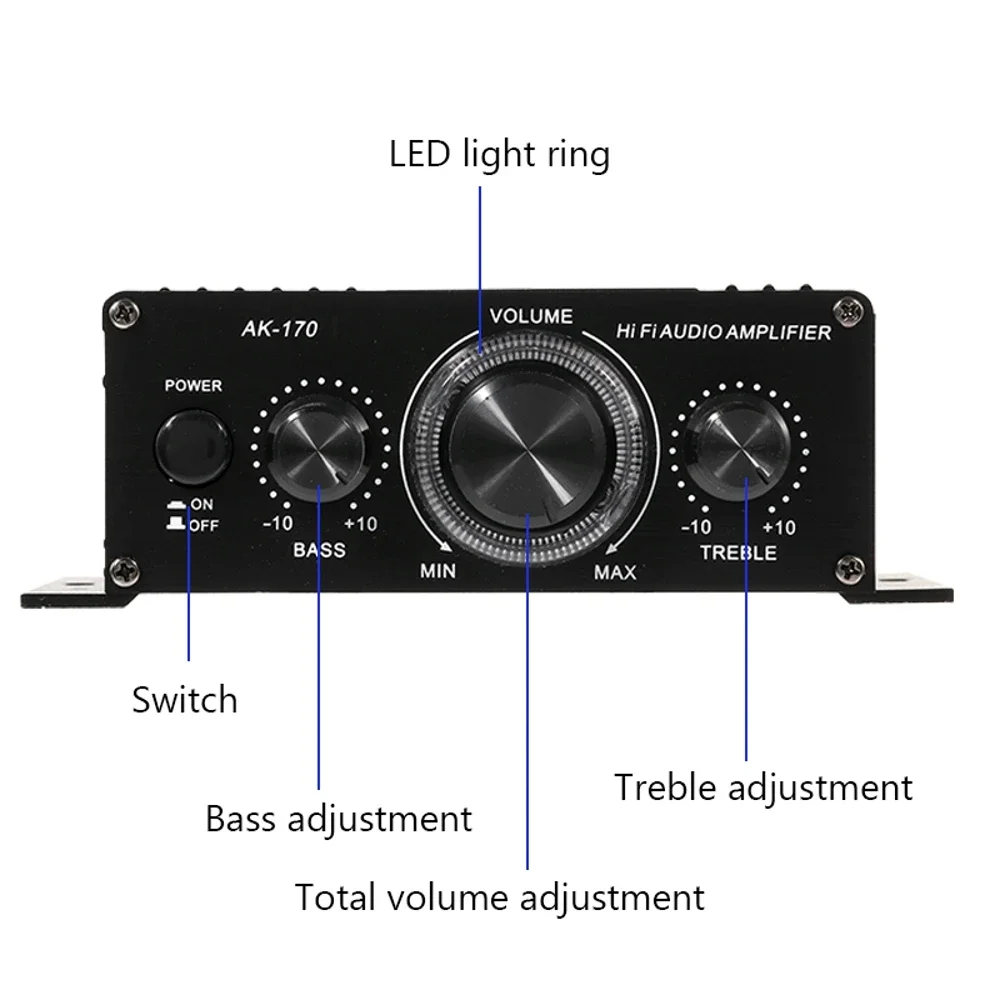 12V 400W Mini-Verstärker 20+20W HiFi-Stereo-Verstärker 2-Kanal-Leistungsverstärker mit blauem Atmosphärenlicht Heim-Autoradio-Mikrofon – Detail 4