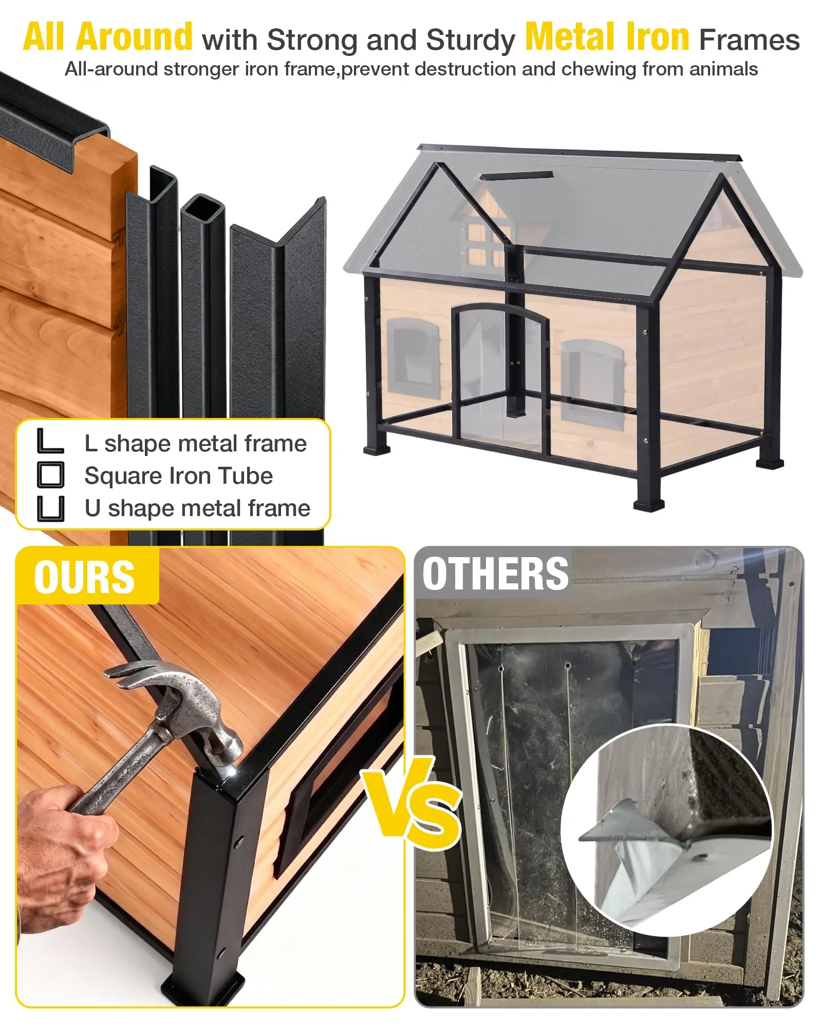 Large Dog House Anti-Chewing Metal Frame Design Insulated Wooden Dog Kennel with Unique Design Roof, Weatherproof Dog