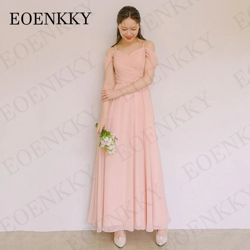 Blue Korea Off Shoulder Prom Dresses Fairy Chiffon A linha de couro no sul pregas simples Cintas de espaguete Vestidos Formais Evening Party Coreia Azul Vestidos de Baile sem Ombro Fairy  Chiffon em linha A 댄스 파티 드레스 S