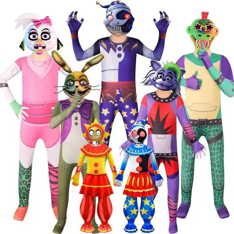 Unique Design Anime Sundrop FNAF Sun clown Cosplay Clothing s Bodysuit With mask Carnival Party Jumpsuit Halloween C High Detail