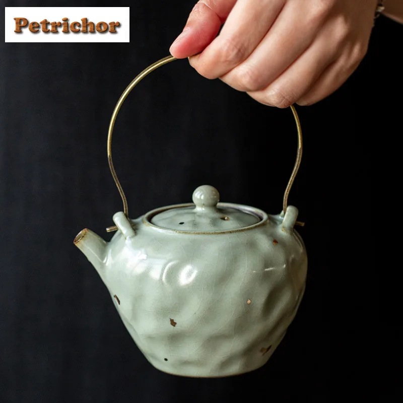 

300ml Spraying Gold Glaze Ru Kiln Lifting Beam Teapot Creative Tea Infuser Pot Tea Maker Kettle With Ball Hole Chinese Tea Set