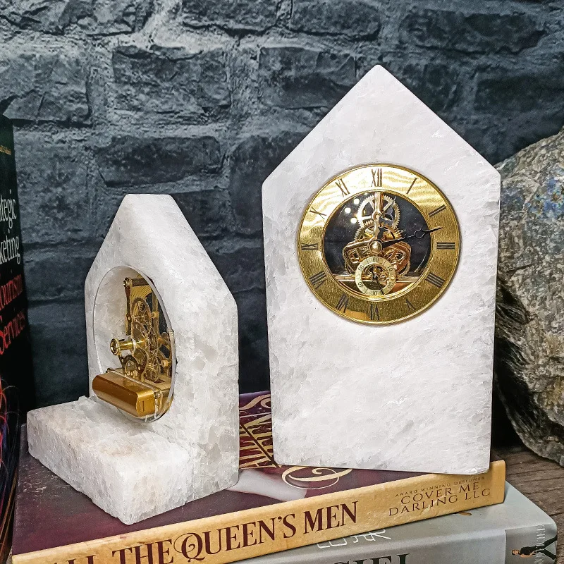Simple Light Luxury Marble Clock Table Bookend Decoration Living Room Bedroom Villa Office Bookcase Crystal Stone Clock