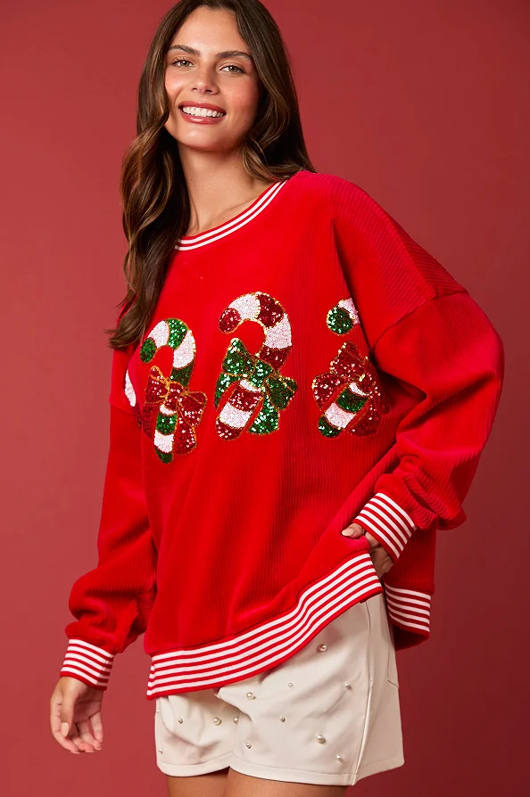 Fashion Christmas Sweatshirt Women Autumn Loose Casual Long Sleeved O-neck Spliced ​​striped Sequins Cartoon Side Split Pullover