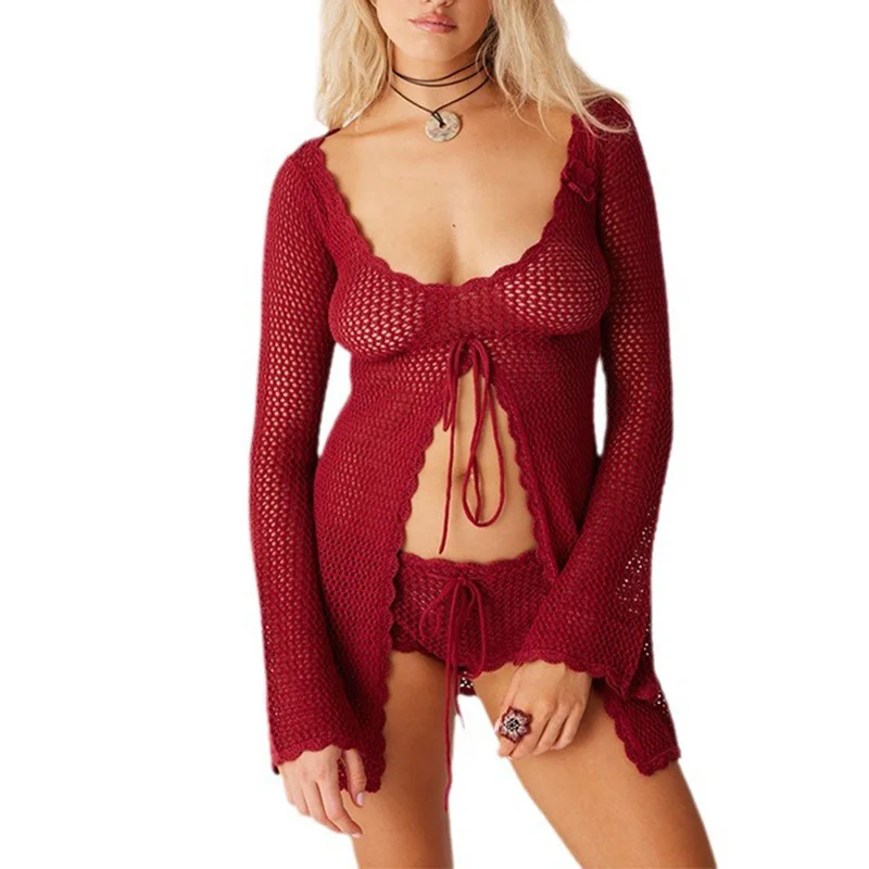 2024 Bikini Cover-ups Women Long Sleeve Hollow Out Holiday Beach Mini Dress Knitting Summer