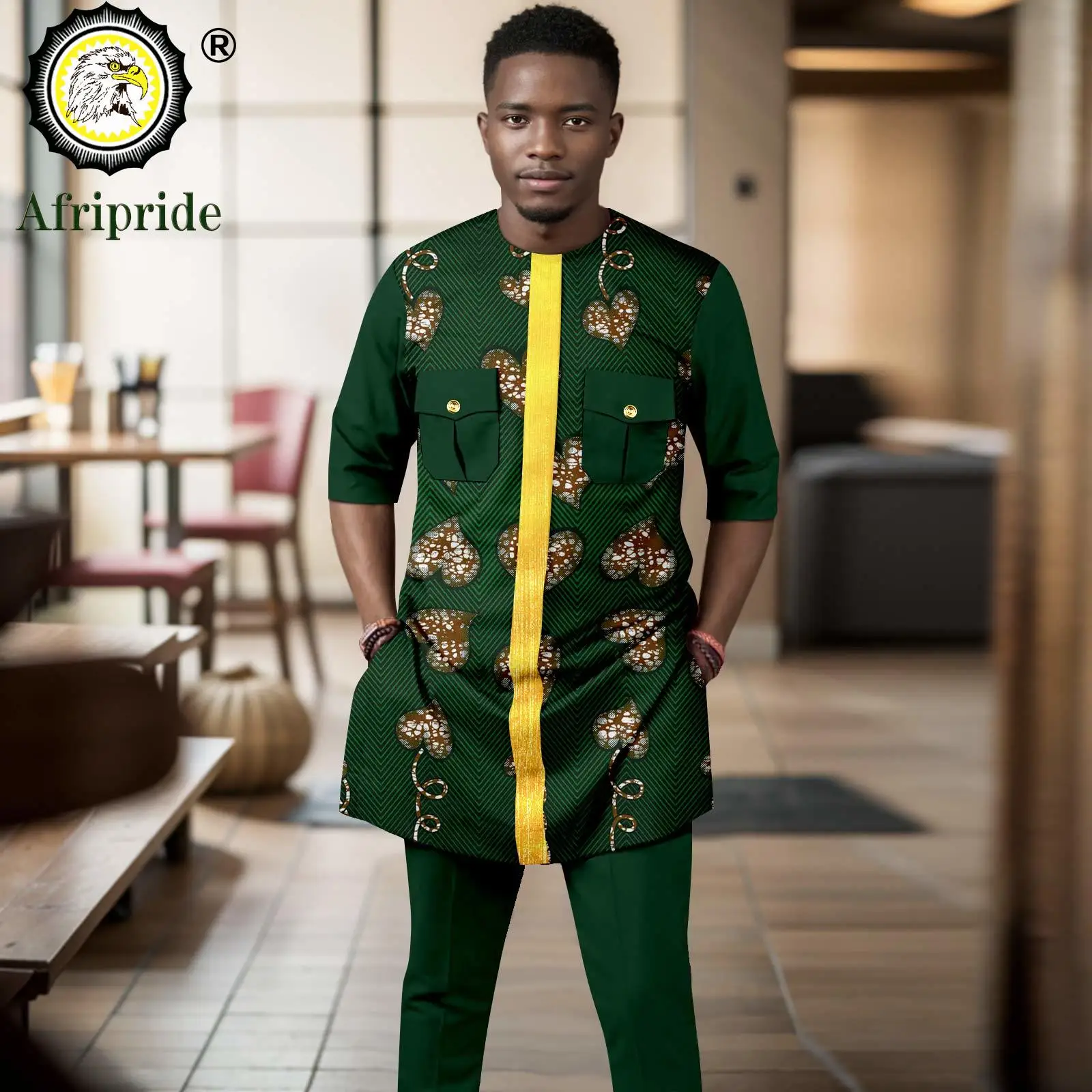 

African Suits for Men Tracksuit Short Sleeve Print Blouse and Pants 2 Piece Set Dashiki Shirt Outfits Pockets Suit 2416087