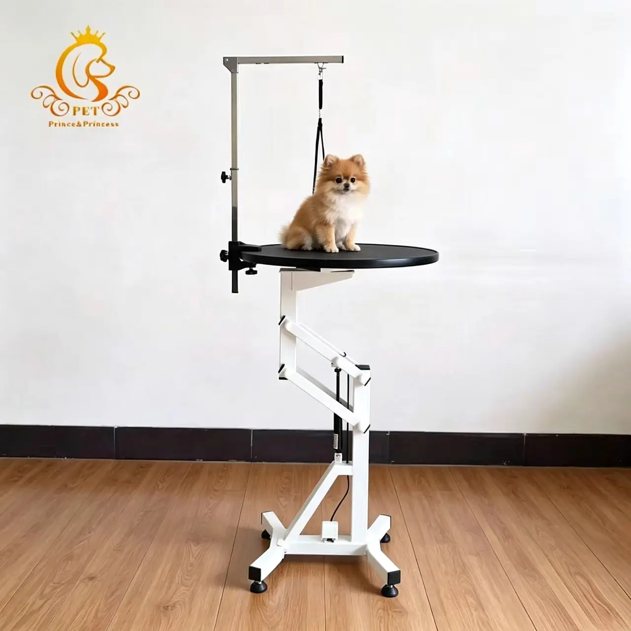 Dog Grooming Table Electrical Lifting Table Round Tabletop with Iron Display Rack Charge-Powered