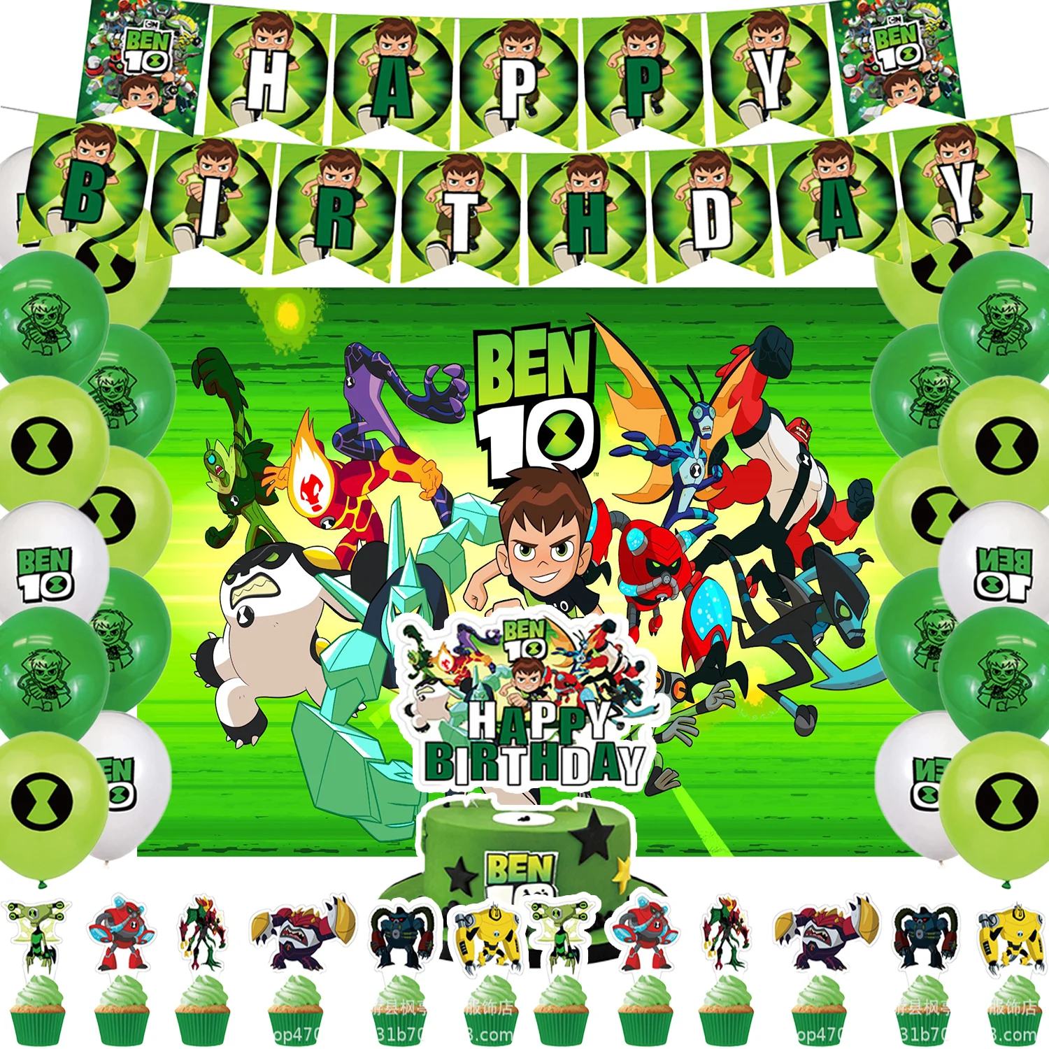 Juego Ben-10 tema niños decoración de fiesta de cumpleaños Ben 10 número globo Cupcake Topper Banner telón de fondo Baby Shower suministros de utilería para niños