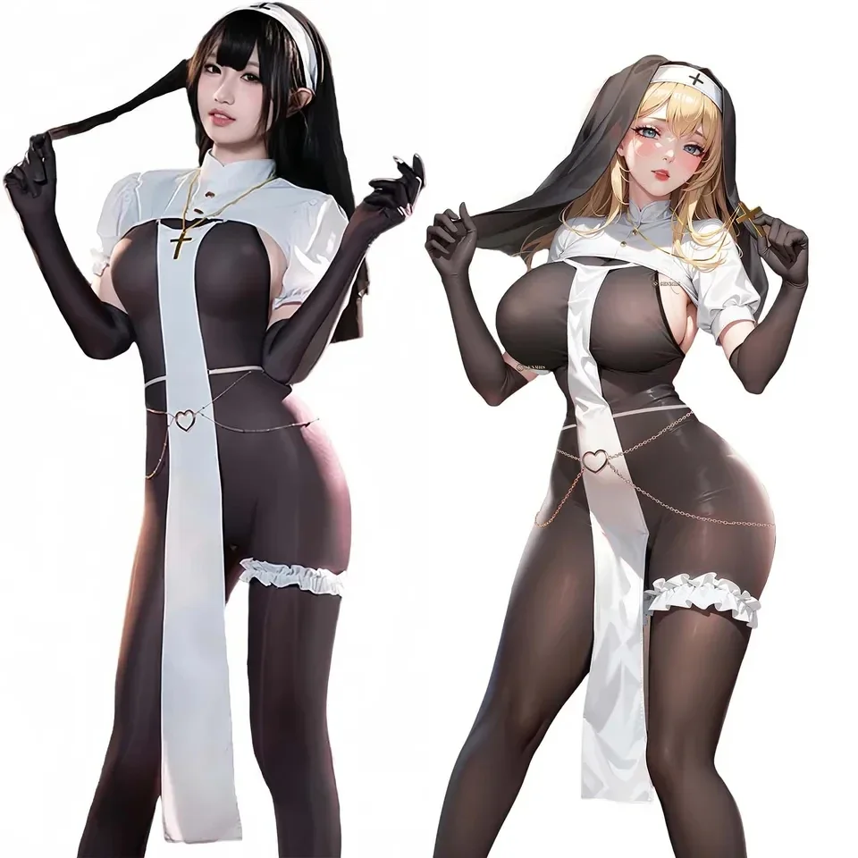 Plus Size Sexy Nun Uniform Cosplay Halloween Costume Lingerie Open Crotch Jumpsuit Black Perspective Tight Onesie Shapewear