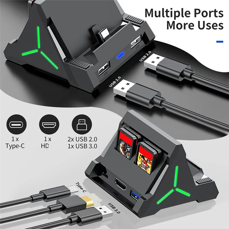 B03B-For Switch/OLED,4K -Compatible/USB-C/USB 3.0 Port TV Dock Station LED Atmosphere Light, 4 Game Slot Storage