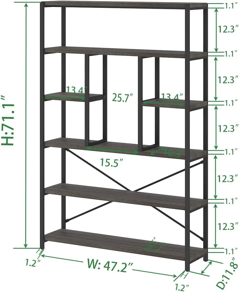 LVB Industrial Tall Bookshelf, Modern Wood Metal 6 Tier Book Shelf, Farmhouse Large 6 Shelf Etagere Bookcase, Open Wide Storage