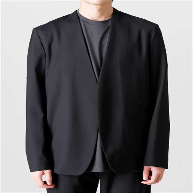 

New black minimalist collarless blazer Loose high quality vertical cut simple thin jacket