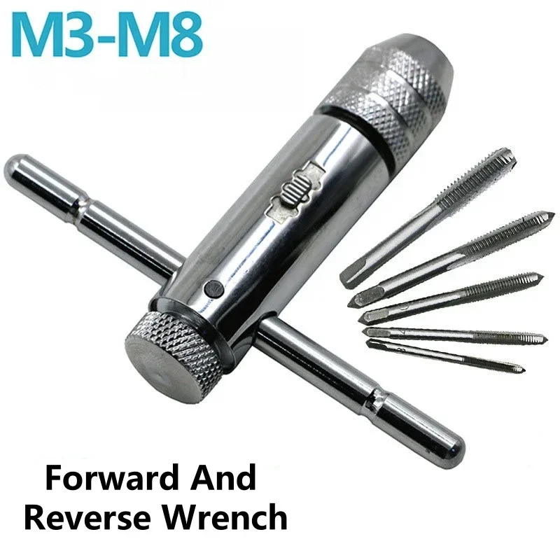 1-6PCS M3-M8 Ratchet Wrench Adjustable Hand Tapping T-shaped Screwdriver Forward and Reverse Tapping Hand Cutter Tool Set