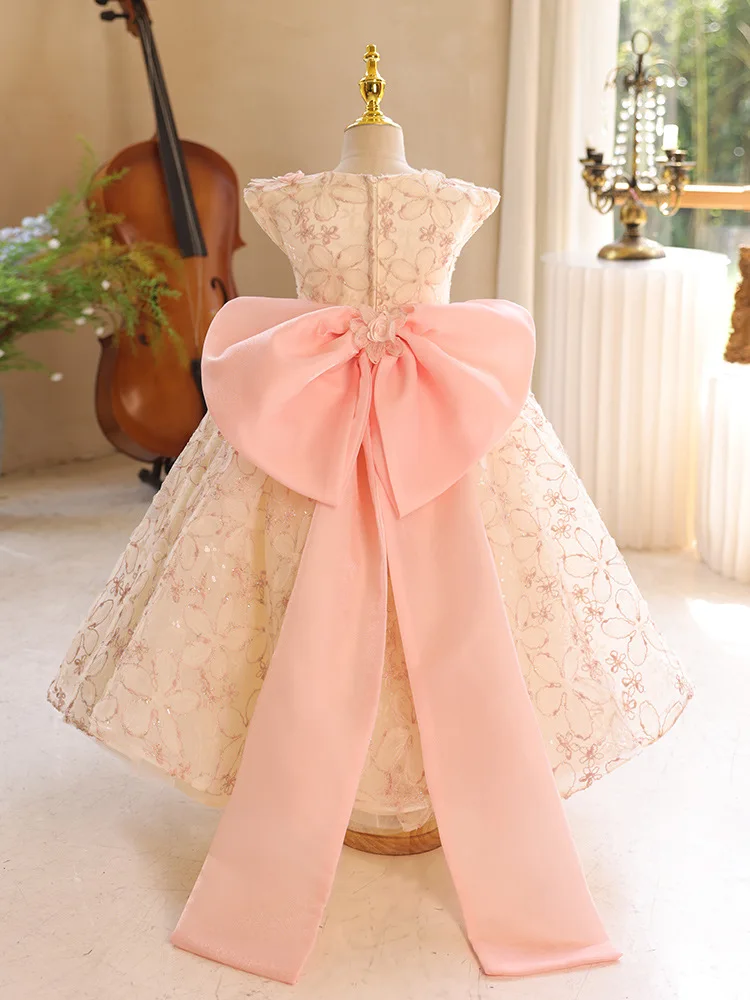 3-12-yrs Girl 's birthday party Luxurious fluffy mesh Sleeveless dresses Sequin bow Flower Girl wedding tulle long dress