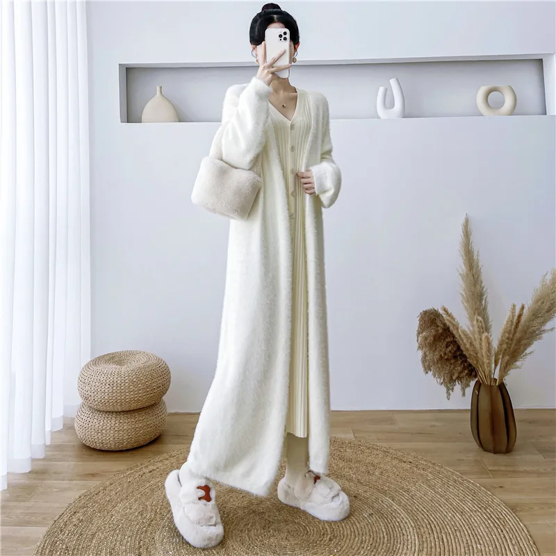 

New Knitted Long Sweater Cardigan Women Idle Style Loose All-Match Mink-like Wool Warm Coat Overcoat