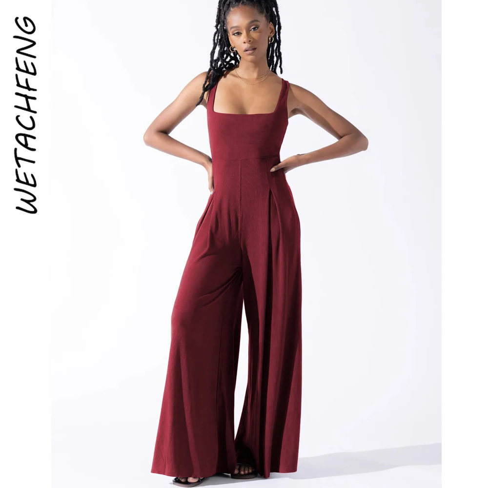 Knitted Square Neck Vest Overalls Wide Leg Pants Women Jumpsuits Sexy Office Lady Red Elegant Chic One Piece Playsuit Clothes