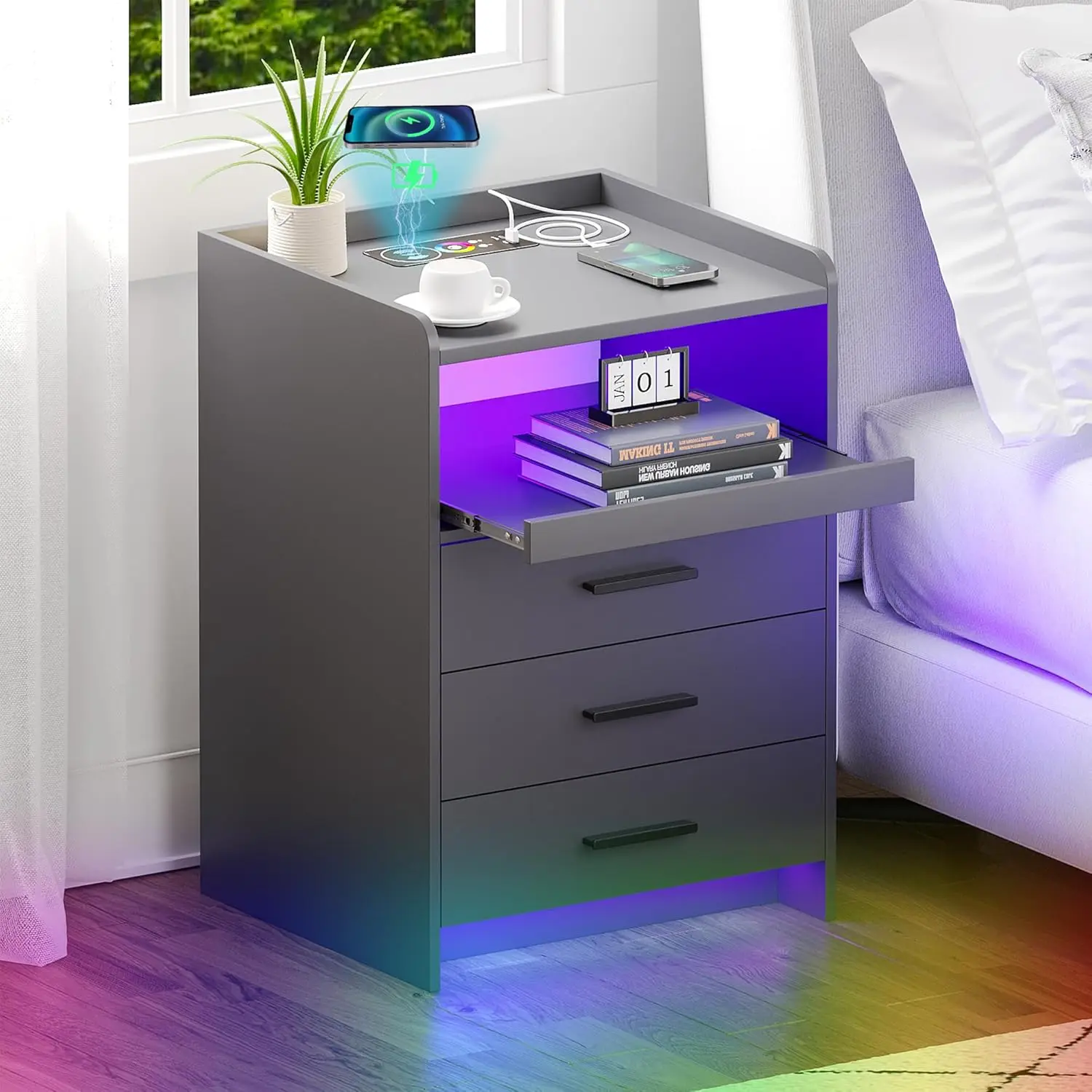 Modern RGB Nightstand with Wireless Charging in Grey, 24-Color Dimmable LED End Table, USB & Type-C Ports, Pull-Out Shelf