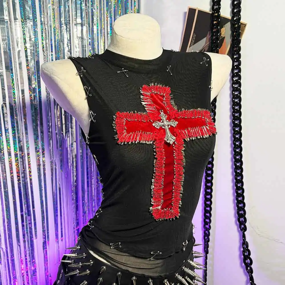 

DIY Y2K TOPS Гранж Крест Клубная одежда Панк-рок Харадзюку Уличная одежда 90-х годов E-Girls Готическая подростковая готическая булавка на танке Мода Ворождение Эмо