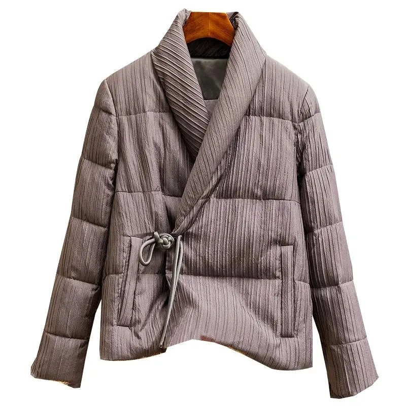 여성용 흰색 짧은 코트 중국 스타일 V넥 다운 코튼 패딩 재킷 겨울 신상 탑 우아하고 고급스러운 캐주얼 두꺼운 아우터 여성