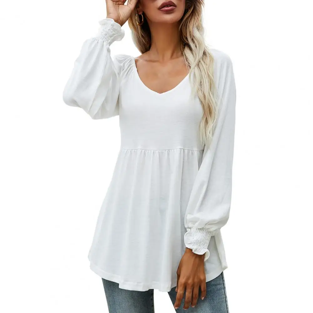 Tunic Shirt Pleated T-shirt Top Lantern Long Sleeve Lady Tunic Blouse
