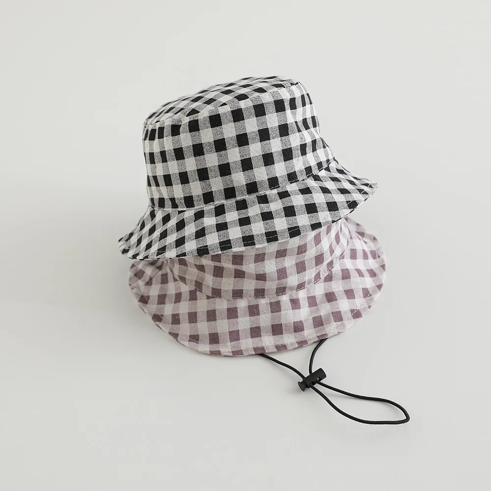Wide Brim Autumn Sun Hat Baby Plaid Print Fisherman's Hat Children Cotton Bucket Cap for Boys Baby Girls Sunhat Kids Bonnet view 3