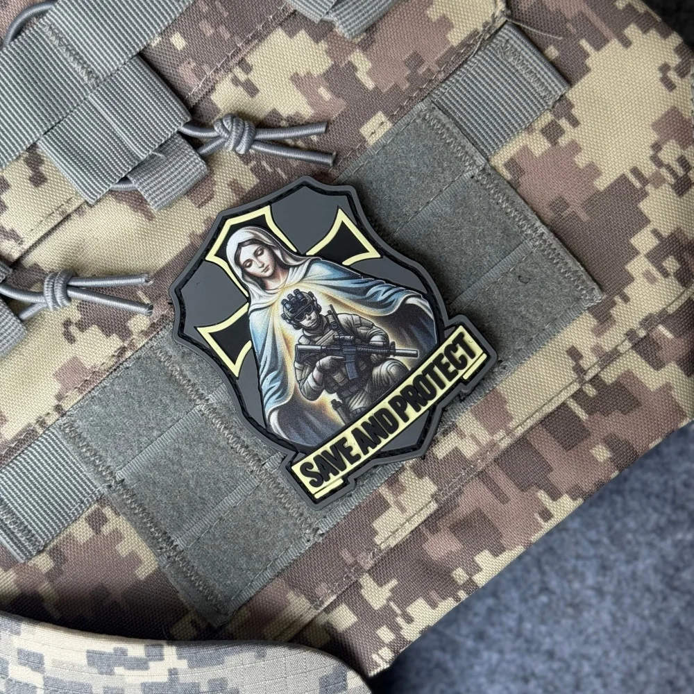 Badge moral tactique SAVE AND PROTECT, patchs en PVC à crochets et boucles pour vêtements, autocollant décoratif pour sac à dos militaire