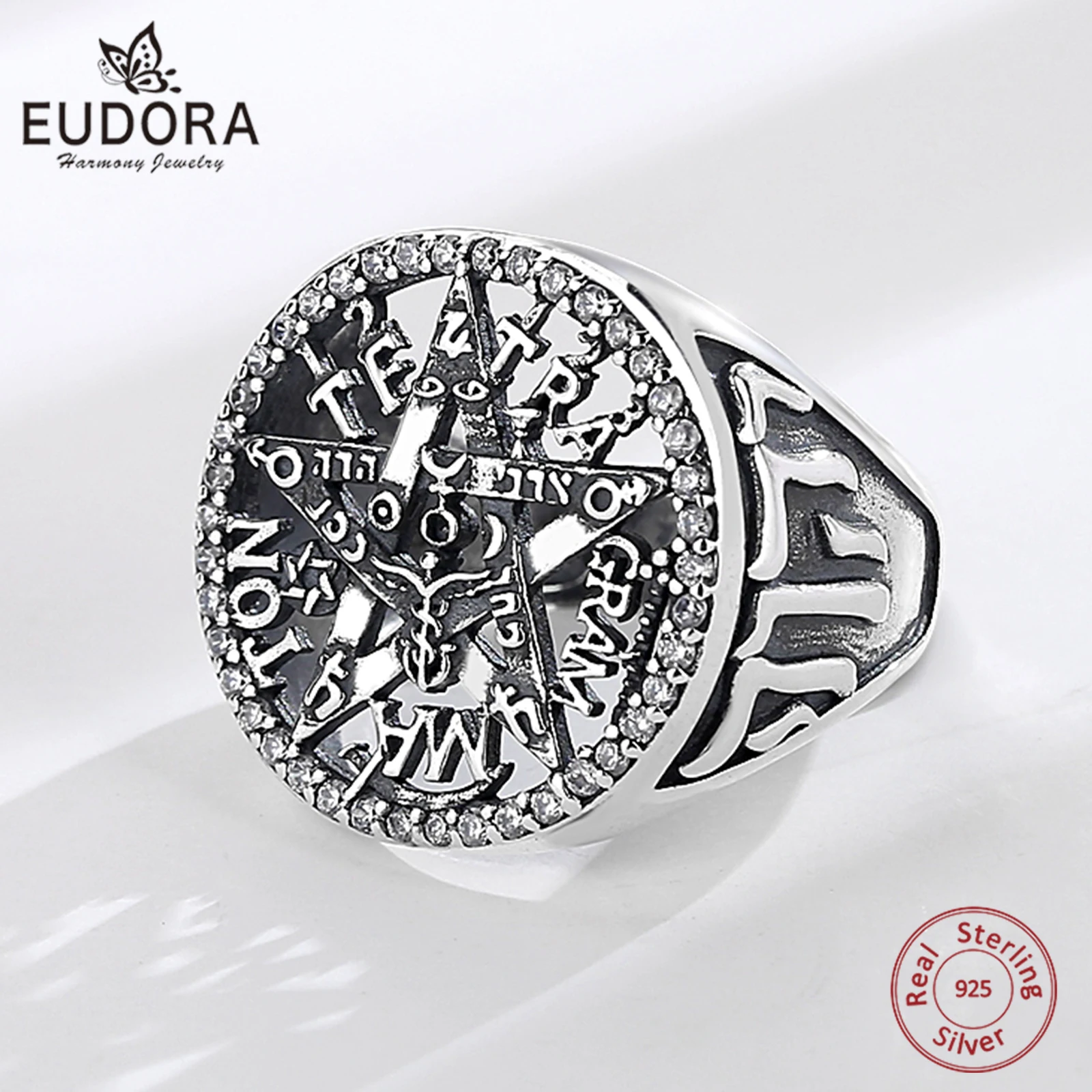 Eudora 925 Sterling Silver Tetragramatón Adjustable ring for Women Man Zircon Pentagram Signet Ring Pentacle Jewelry Witch Gift